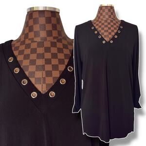 Michael Kors Black Tunic Womens Size Large Grommets V-Neck Blouse Roll-Tab